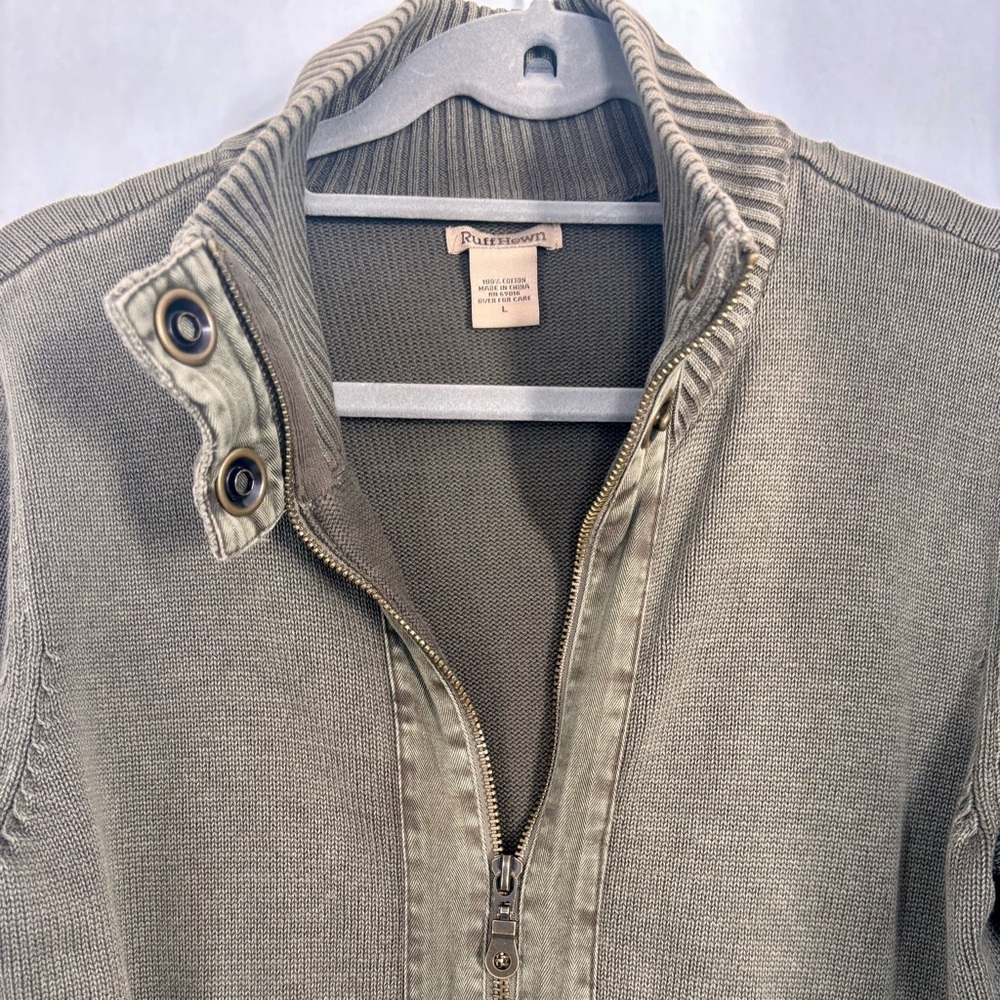 RuffHewn Full-Zip Mock Neck Cotton Knit Cardigan Sweater - Olive - Large - Picture 5 of 8